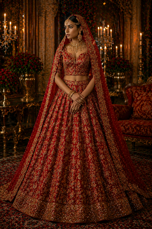 Luxury Red Bridal Lehenga with Zardozi Embroidery | Designer Wedding Wear by Kothi Couture