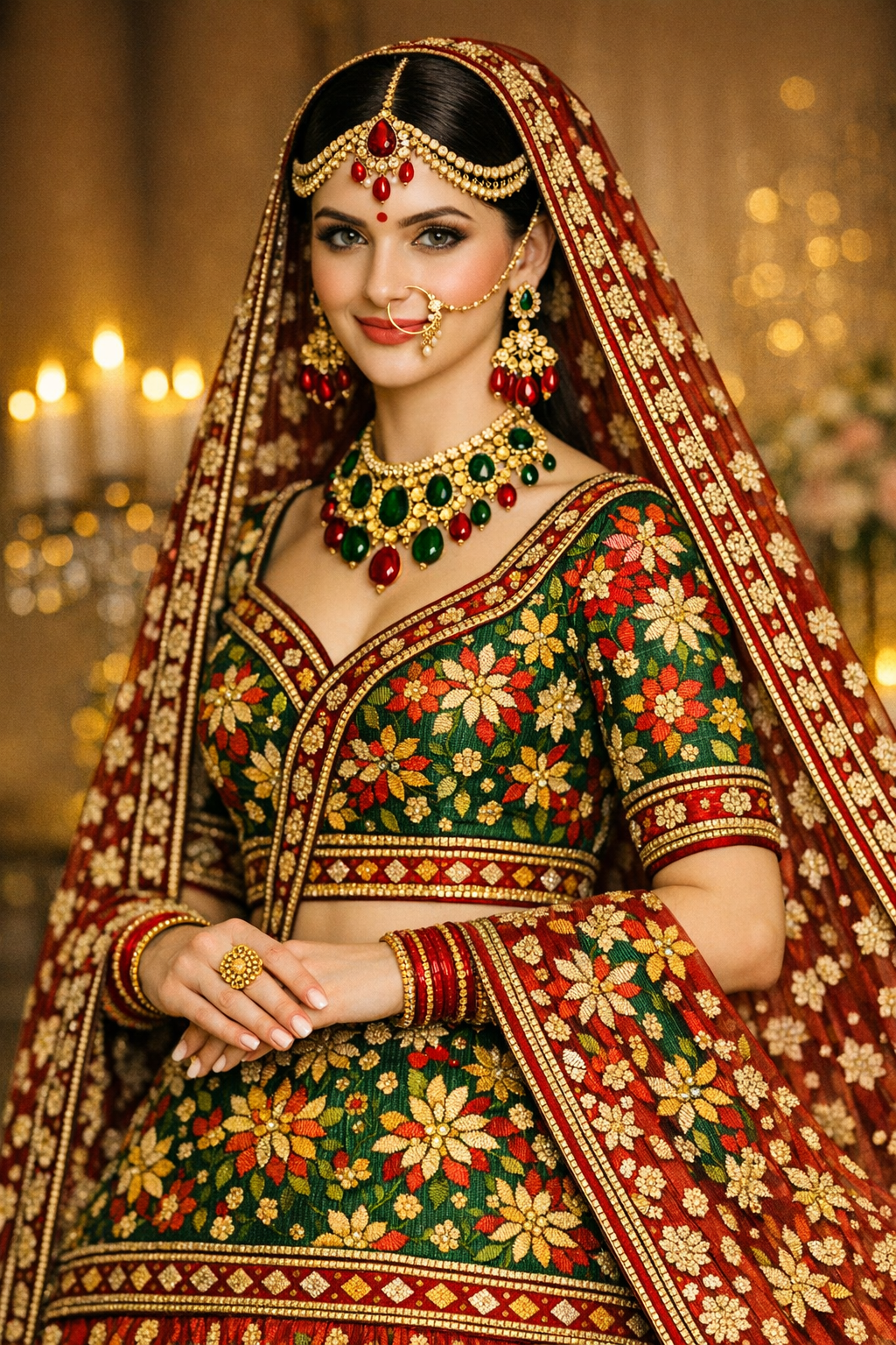 Emerald & Deep Red Phulkari Bridal Lehenga — Handcrafted Punjabi Couture | Kothi Couture