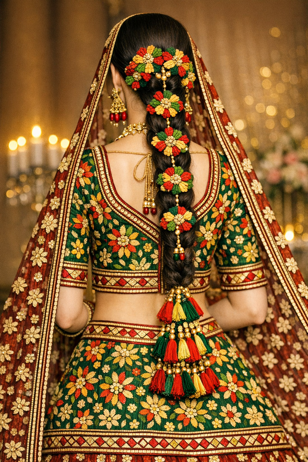 Emerald & Deep Red Phulkari Bridal Lehenga — Handcrafted Punjabi Couture | Kothi Couture