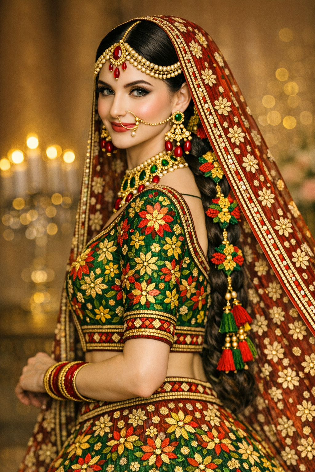 Emerald & Deep Red Phulkari Bridal Lehenga — Handcrafted Punjabi Couture | Kothi Couture
