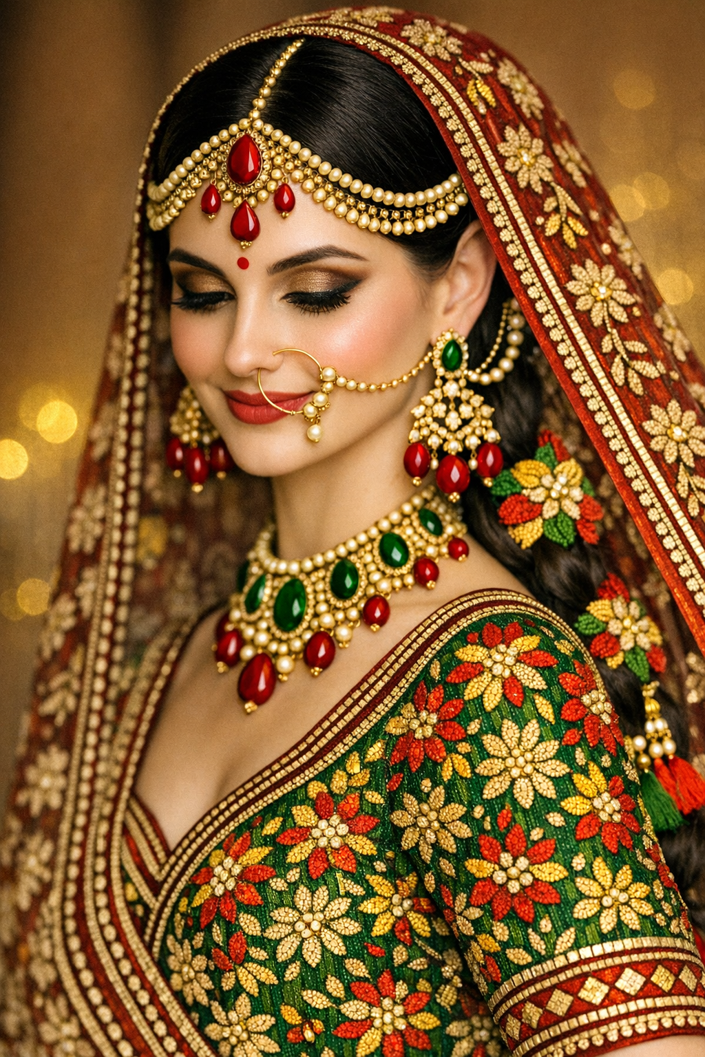 Emerald & Deep Red Phulkari Bridal Lehenga — Handcrafted Punjabi Couture | Kothi Couture