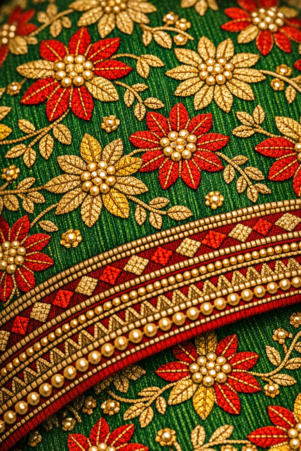 Emerald & Deep Red Phulkari Bridal Lehenga — Handcrafted Punjabi Couture | Kothi Couture