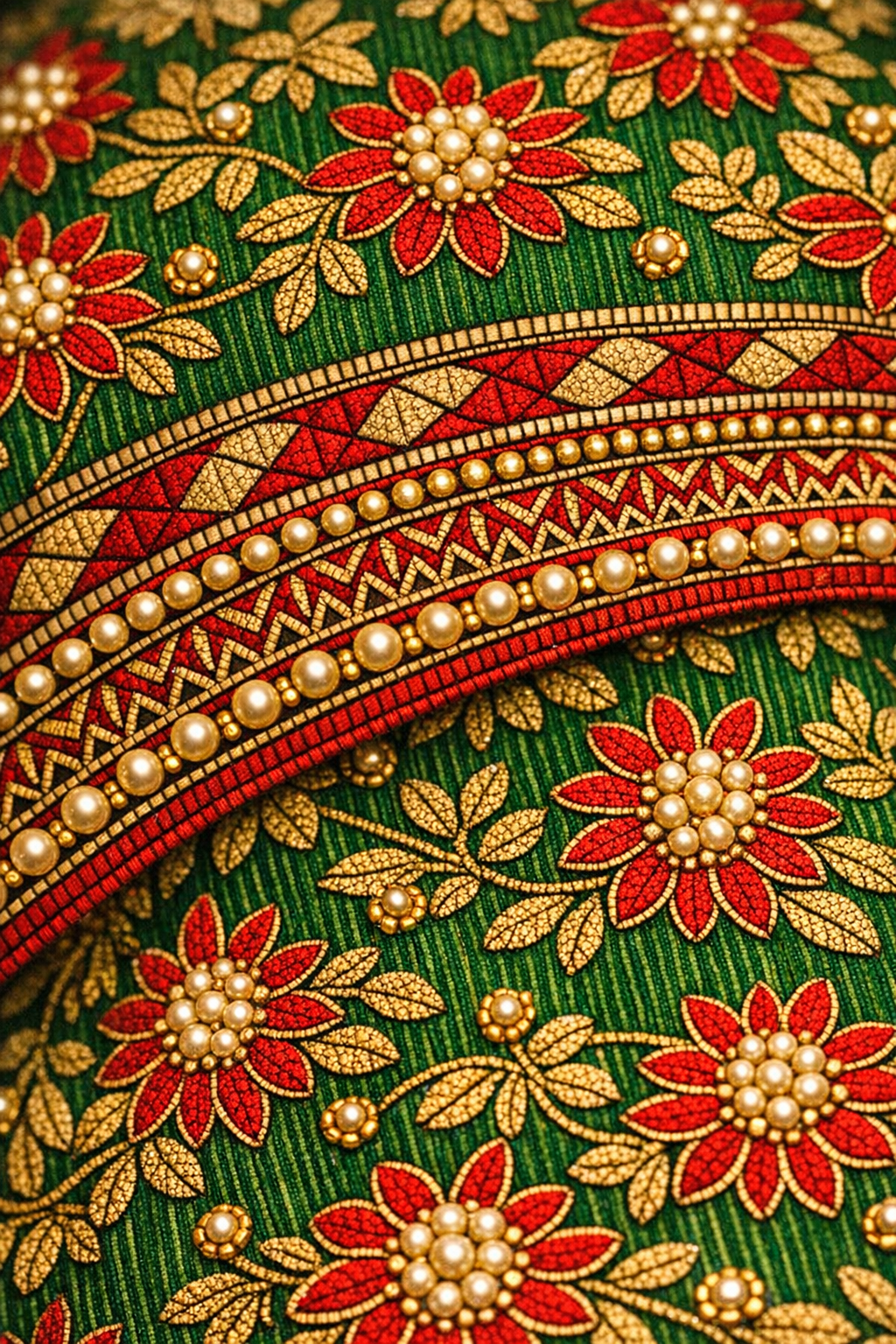 Emerald & Deep Red Phulkari Bridal Lehenga — Handcrafted Punjabi Couture | Kothi Couture
