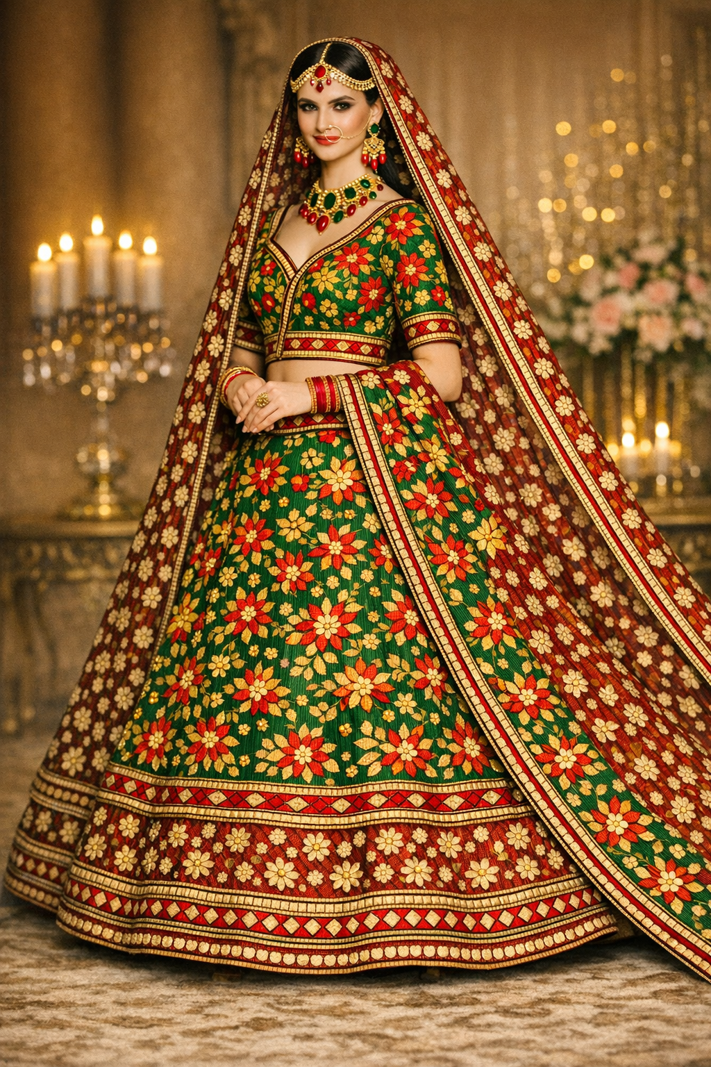 Emerald & Deep Red Phulkari Bridal Lehenga — Handcrafted Punjabi Couture | Kothi Couture