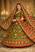 Emerald & Deep Red Phulkari Bridal Lehenga — Handcrafted Punjabi Couture | Kothi Couture